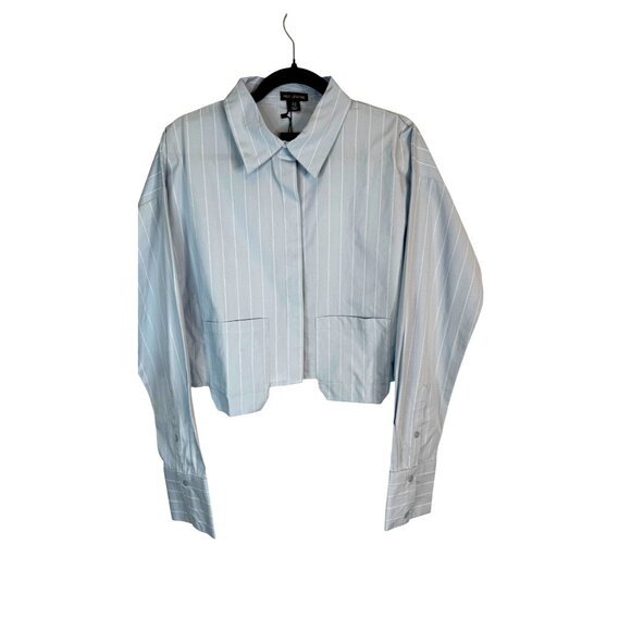 NWT PrettyLittleThing Size 10 Poplin Blue Pinstripe Pocket Detail Cropped Shirt - Picture 3 of 13